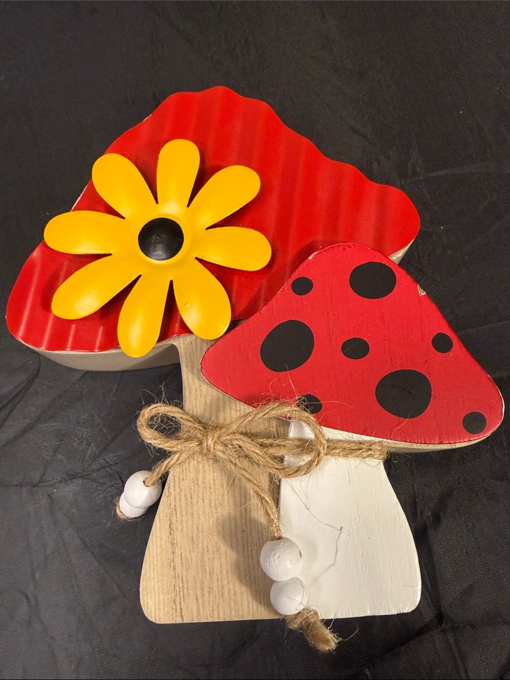 Wooden Red Mushroom decor Accent with Yellow Flower